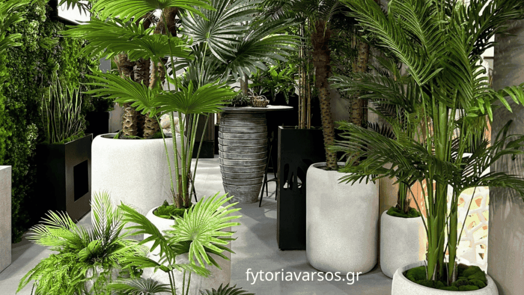 Μεγάλα τεχνητά τροπικά φυτά για διακόσμηση σαλονιού